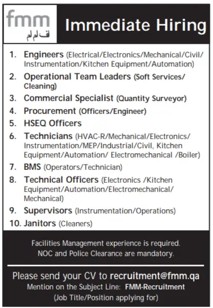 Qatar Classified Jobs FMM (Facilities Management Company)